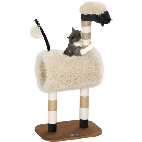PawHut Kratzbaum 98 cm Katzenturm im Schaf-Design mit Kratzpfosten, Tunnel, Spielball, mehrstöckiger Katzenkratzbaum, Kletterbaum, für Katzen bis 5 kg, Hellbraun