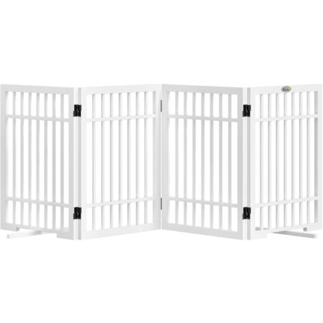 PawHut Absperrgitter Hund 4-teilig, 183 x 61 cm Faltbar Türschutzgitter aus Holz, Freistehend Hundegitter mit 2 Stützfüßen, für Küche, Flur, Treppen, Weiß (1/5)