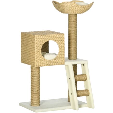 PawHut Kratzbaum 100,5 cm Katzenbaum mit Katzenhöhle, Bett, Treppe, Katzenkratzbaum mit Sisal-Kratzsäulen, Kissen, für Katzen bis 4,5 kg, Natur