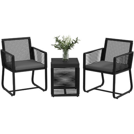 Outsunny 3-teiliges Rattan Gartenmöbel-Set, Sitzgruppe, Gartengarnitur mit 2 Gartenstühle, Beistelltisch mit Tischplatte aus Hartglas, Kissen, für Balkon, Schwarz