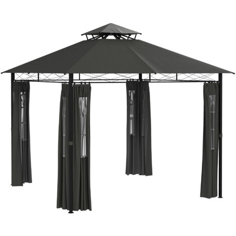 Outsunny Pavillon ca. 3 x 3 m, Gartenzelt mit Seitenwand, Partyzelt mit Doppeldach, Wetterfest Festzelt, Gartenpavillon, für Balkon, Terrasse, Metall, Dunkelgrau