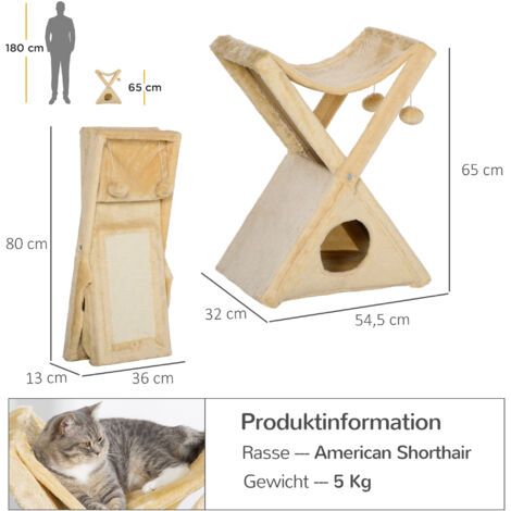 PawHut Katzenturm Kratzbaum Katzenbaum mit Höhle und Hängematte Sisal Plüsch Spanplatte Beige 54,5 x 32 x 65 cm