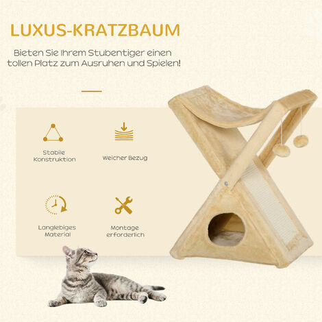 PawHut Katzenturm Kratzbaum Katzenbaum mit Höhle und Hängematte Sisal Plüsch Spanplatte Beige 54,5 x 32 x 65 cm