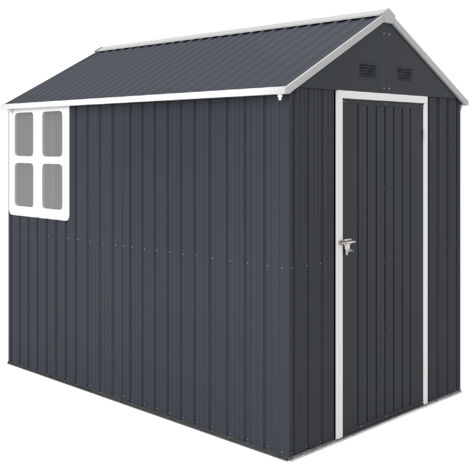 Outsunny Geräteschuppen Stahl, 4㎡ Gerätehaus mit Fenster abschließbarer Gartenschrank, 259 x 172 x 222 cm Gartenhaus für Balkon, Terrasse, Dunkelgrau