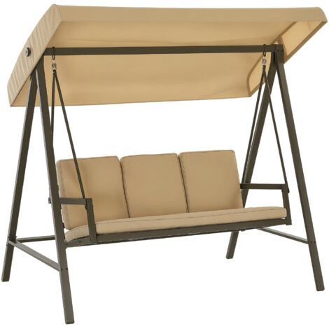 Outsunny Hollywoodschaukel 3-Sitzer Schaukelbank mit Verstellbarem Dach, Schwingbank mit Rückenkissen, Gartenschaukel bis 360 kg Belastbar, Beige, 200 x 125 x 175 cm