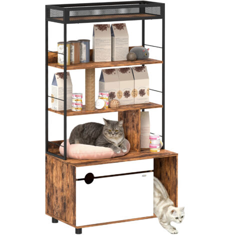 PawHut 2-in-1 Katzenklo Schrank, Katzenklo mit 3-Ebenen-Regal, Kratzpfosten, Klapptür, Katzenhaus für Katze unter 6 kg, 80 x 48 x 152 cm, Rustikal-Braun