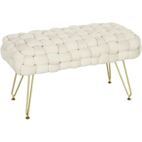 HOMCOM Samt Sitzhocker, Polsterbank mit Kreuzwebdesign, Fußbank mit gepolstertem Sitz, Metallbeine, Fußstütze, für Wohnzimmer, Schlafzimmer, 76 x 38 x 41,5 cm, Cremeweiß (1/5)