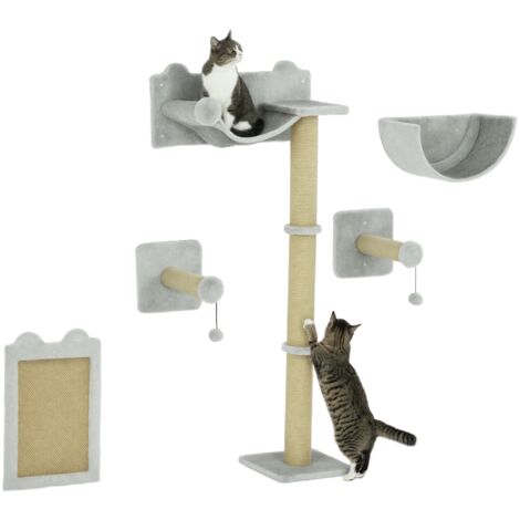 PawHut Kletterwand Katzen 4-teilig Katzen Kletterwand Set Mit Kratzbaum Hangematte Graucremewei 40 X 28 X 73cm 80830412