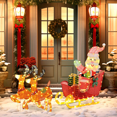 Weihnachtsdeko Outdoor Mit 2 Beleuchteten Rentieren & Schlitten – 129 LEDs, IP65, Timer & 8 Modi, Batteriebetrieben (3x AA) Rentier Mit Schlitten