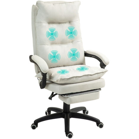 Vinsetto Bürostuhl mit Massagefunktion Ergonomischer Chefsessel mit Liegefunktion, Fußstütze Höhenverstellbar 360° Drehbar Computerstuhl, Leinenoptik, Cremeweiß