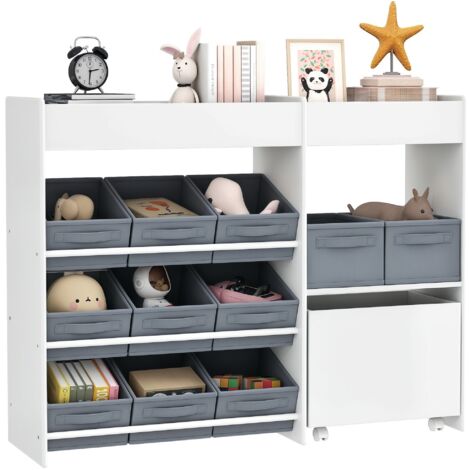 AIYAPLAY Kinderregal Spielzeugregal mit 11 Stoffboxen, oberen Fächern, 3 Stickern, Kinder Bücherregal mit Schränkfach für Kinderzimmer, Kindergarten, 105 x 30 x 80 cm, Weiß (1/5)