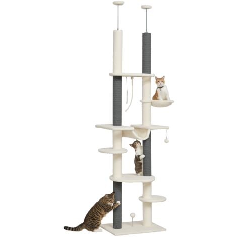 PawHut Kratzbaum Deckenhoch, Katzenbaum, 225-255 cm Katzenkratzbaum mit Hängematten, Kratzstämmen, Korb, Spielball, Katzenmöbel mit Kippschutz, Weiß