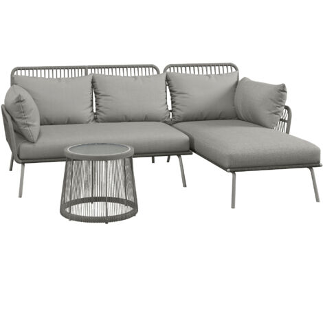 Outsunny 3 tlg. Rattan Gartenmöbel-Set, Sitzgruppe mit Kissen, Gartengarnitur mit 1 Beistelltisch, 1 Liegestuhl, 1 Doppelsofa, Sitzgarnitur für Garten, Terrasse, Stahl, Hellgrau (1/5)