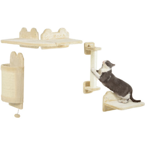 PawHut Katzen Kletterwand Set, 4-teilig Katzenmöbel Kletterwand Katzen mit Sitzplattform, Eckplattform, Spielball und Bogen-Kratzbrett, Katzen-Wandmöbel für Katzen bis 5 kg, Beige