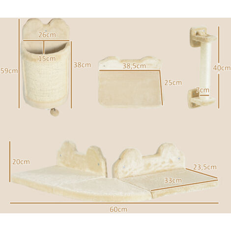 PawHut Katzen Kletterwand Set, 4-teilig Katzenmöbel Kletterwand Katzen mit Sitzplattform, Eckplattform, Spielball und Bogen-Kratzbrett, Katzen-Wandmöbel für Katzen bis 5 kg, Beige
