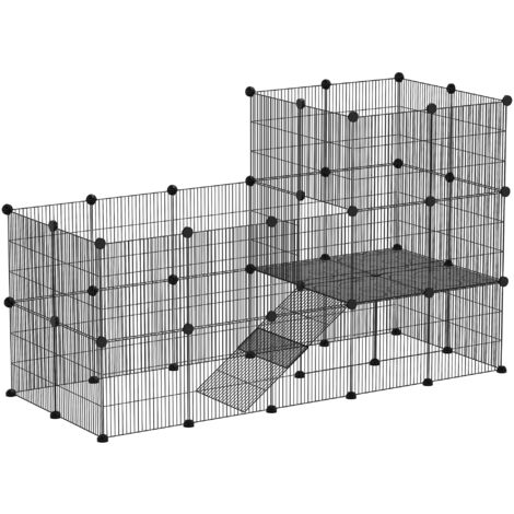 PawHut Freigehege Kleintiergehege mit Gitter Rampe, Kleintierkäfig Meerschweinchen Gehege für Kleintiere, Hamster, Kaninchen, 140 x 70 x 105 cm, Schwarz (1/5)
