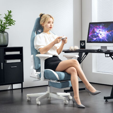 HOMCOM Gaming Stuhl Ergonomisch – Wildlederimitat, Mit Lendenkissen, Fußstütze, Bis 120 Kg