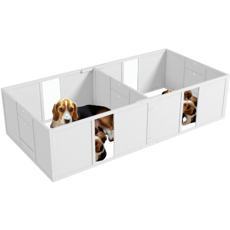 PawHut Wurfkiste für Welpen, Hundelaufstall, Welpenauslauf mit Rutschfeste Bodenschoner, Tür, Hunde Wurfbox aus Holz, Welpenlaufstall für mittelgroße Hunde, 196 x 96 x 48 cm, Weiß