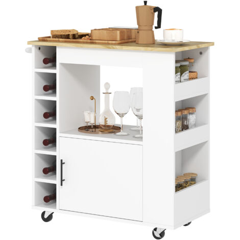 HOMCOM Küchenwagen Rollwagen mit Arbeitsplatte aus Holz, Ablagen, Weinregalen, Servierwagen, Küchenschrank auf Rollen mit Soft-Close-Scharnieren, Griff, Kücheninsel, 83x40x83cm, Eiche