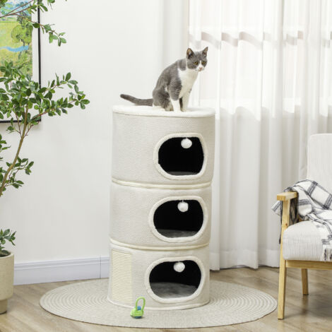 PawHut Kratztonne, 100 cm hoch Katzentonne mit 3 Höhle, Kratzbaum mit Spielbällen, Katzenturm aus Sisal, für Katze bis 6 kg, Beige+Cremeweiß