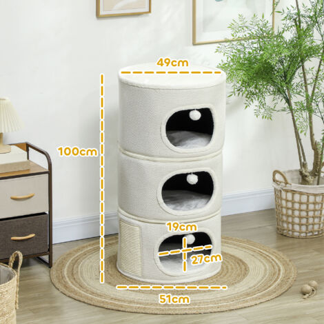 PawHut Kratztonne, 100 cm hoch Katzentonne mit 3 Höhle, Kratzbaum mit Spielbällen, Katzenturm aus Sisal, für Katze bis 6 kg, Beige+Cremeweiß