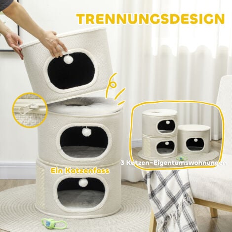 PawHut Kratztonne, 100 cm hoch Katzentonne mit 3 Höhle, Kratzbaum mit Spielbällen, Katzenturm aus Sisal, für Katze bis 6 kg, Beige+Cremeweiß