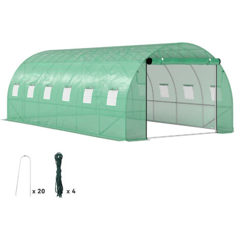 Outsunny Gewächshaus 300x600x200cm Foliengewächshaus Tomatenhaus mit Tür, 12 Fenster, Folientunnel aus verzinktem Stahl, 170g/m² PE, stabiles pflanztunnel, Treibhaus inkl. Erdanker & Seilen, Grün (1/5)