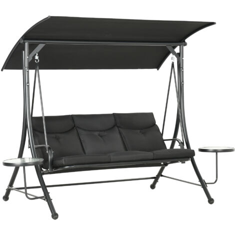 Outsunny Hollywoodschaukel mit Couchtische, 3-Sitzer Gartenschaukel mit verstellbarem Sonnendach, Schaukelbank belast bis 300kg, für Garten, Terrasse, 278 x 135 x 177 cm, Schwarz