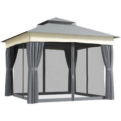 Outsunny Pavillon mit Doppeldach, 3x3 m Wasserabweisend Stabil Winterfest Gartenpavillon mit Moskitonetz, Seitenteile, Garten-Pavillon aus Metall, für Garten, Terrasse, Dunkelgrau (1/5)