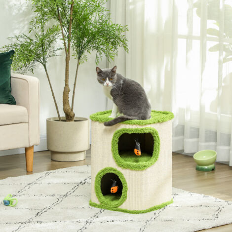 PawHut Kratztonne für Katzen, 61 cm Hoch Katzentonne mit 2 Höhlen, Kratzbaum mit Sprungplattform, Katzenturm aus Sisal, Plüsch, für kleine Katzen Beige