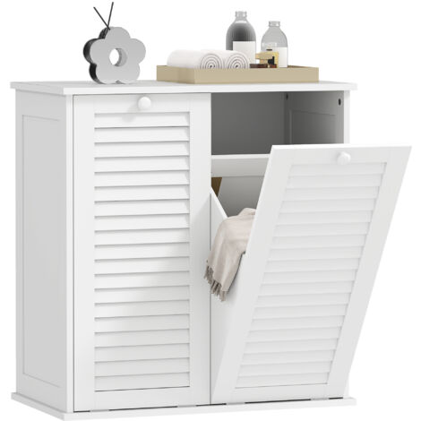 HOMCOM Wäscheschrank, Badschrank mit 2 Wäschekörben, Badezimmerschrank mit Griffen, Lamellentüren Wäschesammler Badmöbel für Badezimmer 70 x 38 x 73 cm Weiß
