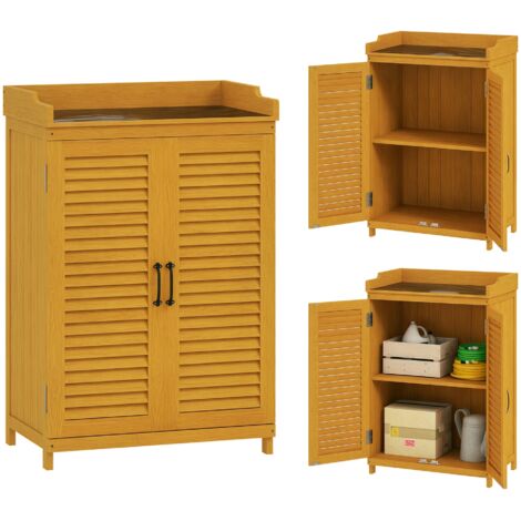 Outsunny Gartenschrank Holz, Geräteschuppen mit Arbeitsfläche, wetterfest Geräteschrank, 65,5x40x98,5cm, Gerätehaus mit Lamellentür, Ablagen, Werkzeugschrank Gartenschuppen für Garten, Terrasse, Gelb