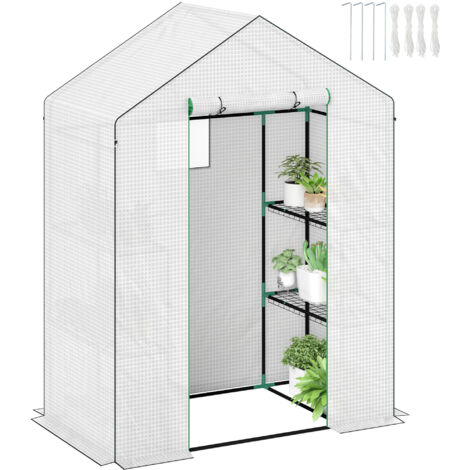 Outsunny Gewächshaus mit Rolltür, Fenster, Regale, winterfest Foliengewächshaus aus Stahl, Treibhaus für Balkon, Garten, Tomatenhaus 143 x 74 x 190 cm, Tomatengewächshaus für Tomaten, Gemüse, Weiß