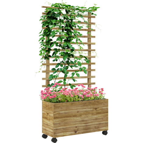 Outsunny Hochbeet Pflanzkasten mit Rankgitter, Rolle, Spalier Pflanzkübel Blumenkasten Holz, Gartenspalier 76x30x155cm für Garten Balkon Terrasse, Blumenkübel für Kletterpflanzen Korbpflanzen, Blumen