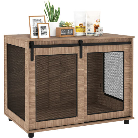 PawHut Hundekäfig Möbel mit 2 verschließbaren Schiebetüren Metall Erhöhte Hundebox für Zuhause Indoor Hundehütte für große Hunde bis zu 30 kg Hundehaus 98 x 60 x 78 cm, Nussbaum