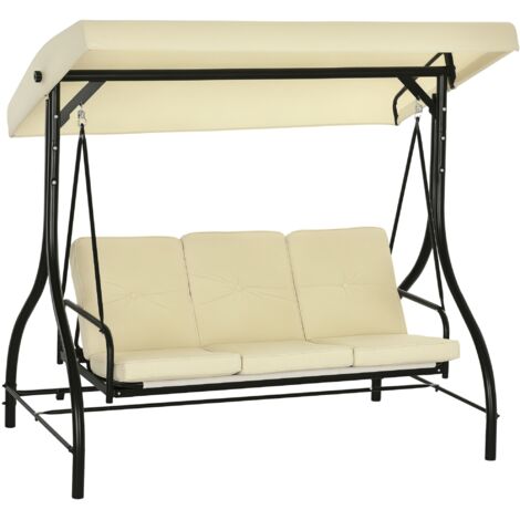 Outsunny 2 in 1 Hollywoodschaukel mit Liegefunktion 3-Sitzer Gartenschaukel mit verstellbarem Sonnendach, Schaukelbank belast bis 240kg, Gartenliege für Garten, Terrasse, 195x117x175 cm, Beige
