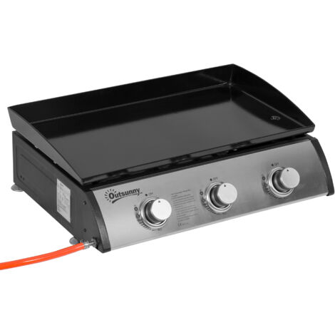 Outsunny Gasgrill mit 3 Brenner 7,5 kW Grillfläche 65 × 35,5 cm tragbarer Tischgrill Tischgasgrill aus Edelstahl BBQ Campinggrill  für Garten Balkon Camping Schwarz+Silber