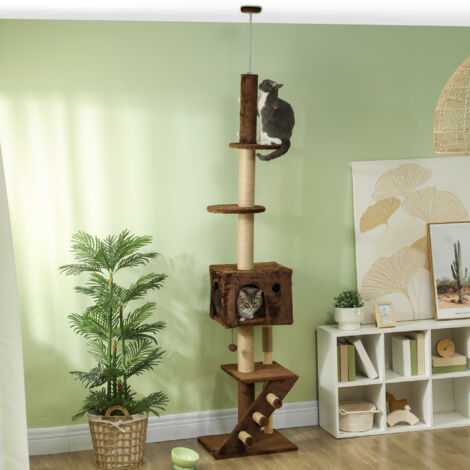 COSTWAY Deckenhoher Kratzbaum Pilz Braun 207-277 Cm - Katzenbaum Mit  Hngekorb, Hhle & Plattformen Fr Indoor-Katzen