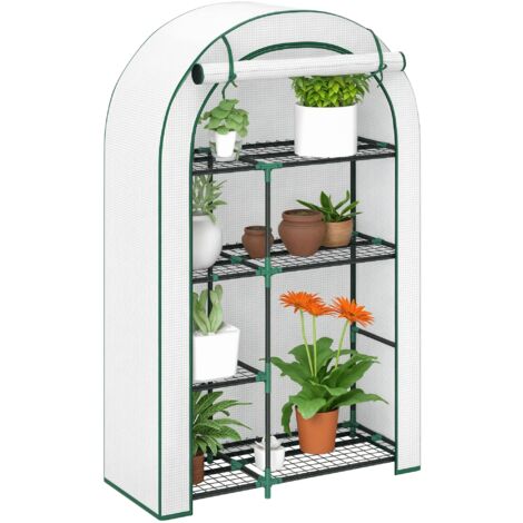 Outsunny Gewächshaus mit Runddach Tür, Regale, winterfest Foliengewächshaus aus Stahl, Treibhaus für Balkon, Garten, Tomatenhaus 100 x 45 x 160 cm, Tomatengewächshaus für Tomaten, Gemüse, Blumen, Weiß (1/5)