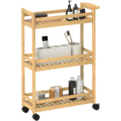 HOMCOM Servierwagen mit 3 Ebenen Küchenwagen mit Rollen, Griff Rollwagen aus Bambus Küchenregal Küchenrollwagen für Küche, Büro, Badezimmer, Naturholz (1/5)