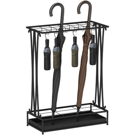 HOMCOM Regenschirmständer Stahl Schirmständer Rechteckiger Schirmhalter mit 24 Haken, 21 Löchern, herausnehmbare Wasserauffangschale für Gehstöcke & Regenschirme 50 x 24 x 68 cm Schwarz