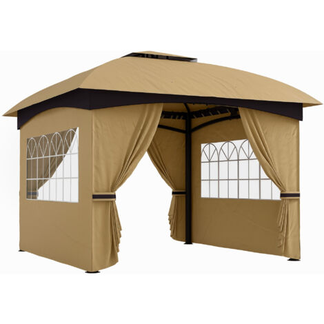 Outsunny Pavillon ca. 3,4x3,4 m wasserabweisend Gartenpavillon mit 4 Seitenteilen, Doppeldach, Partyzelt mit UV-Schutz Gartenzelt mit verzinktem Metallrahmen, für Garten Beige