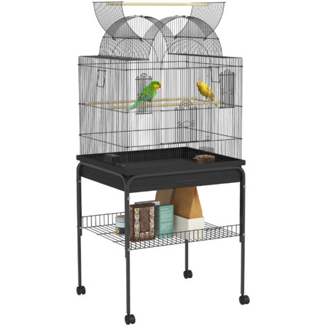 PawHut Vogelkäfig Wellensittichkäfig mit Tablett, Ablagefläche, Futternapf, Papagei Käfig mit Rollen für Wellensittich, Kanarien, Nymphensittich, Stahl 63 x 53 x 144 cm Schwarz