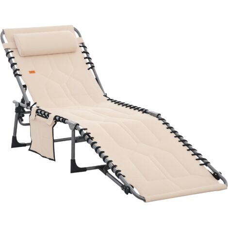 Outsunny Sonnenliege, klappbar Gartenliege mit Kopfkissen, Seitentasche, Liegestuhl mit 5-Fach verstellbare Rückenlehne, wetterfeste Campingliege bis 130 kg belastbar, für Garten Strand Pool, Beige (1/5)