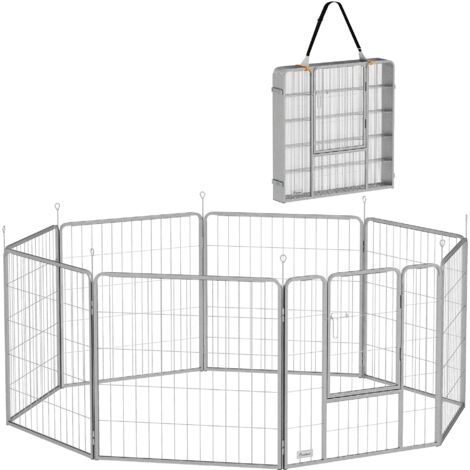 PawHut Welpenlaufstall 8-TLG Welpenauslauf mit 8 Gitterplatten Tür Erdspießen flexibel Schutzplane Freilaufgehege 80 cm hoch Hundelaufstall Laufstall Für Hund Katze Welpe Laufgitter für draußen