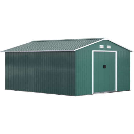 Outsunny Gerätehaus 12,4 m², Gartenhaus mit Satteldach, Schiebetür, Fundament, 386 x 340 x 200 cm, Geräteschuppen aus Verzinkter Stahl, wetterfest, für Garten, Dunkelgrün