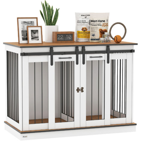 PawHut Hundekäfig Möbel mit Zweiraum-Option, 2 Türen moderne Metall Hundebox für Zuhause Indoor Hundehütte für große Hunde bis zu 30 kg Hundehaus 120 x 60 x 88,5 cm Weiß