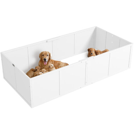 PawHut Wurfkiste für Welpen, Welpenauslauf mit verstellbar Tür, Rutschfest Hundelaufstall, Welpenlaufstall, Welpen-Wurfbox für kleine bis große Hunde, 196x96x48 cm, Weiß