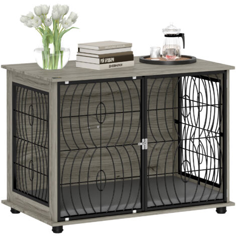 PawHut Hundekäfig für Zuhause, Hundehütte, Indoor Haustierkäfig mit Kissen, Hundehaus mit Fenster, Hundebox für große Hunde, Grau, 100 x 60 x 73,5 cm