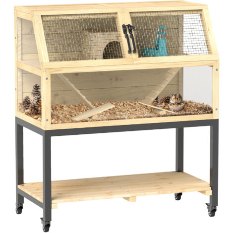 PawHut Zwerghamsterkäfig aus Holz, 87 x 43 x 101 cm Nagerkäfig mit Ablagefläche, Wasserflasche, Hütte, Wippen, Kleintierkäfig mit Rädern, Rampen, Naturholz